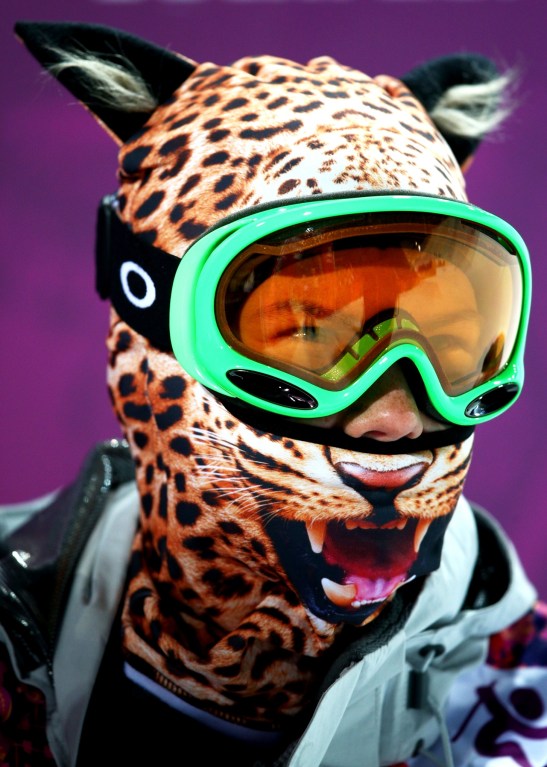Elizavetta Chesnokova of Russia wears a mask in the freestyle ladies' ski halfpipe