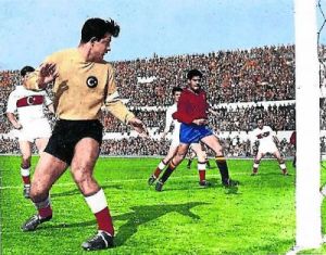 Foto coloreada artificialmente. En aquel entonces los partidos se jugaban en estricta escala de grises.